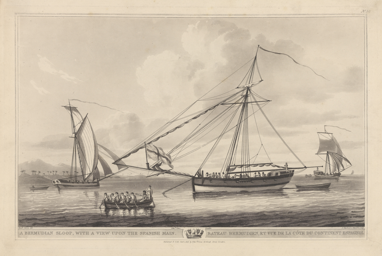 A Bermudian Sloop with a view upon the Spanish Main — 1807 etching by Dominic Serres
