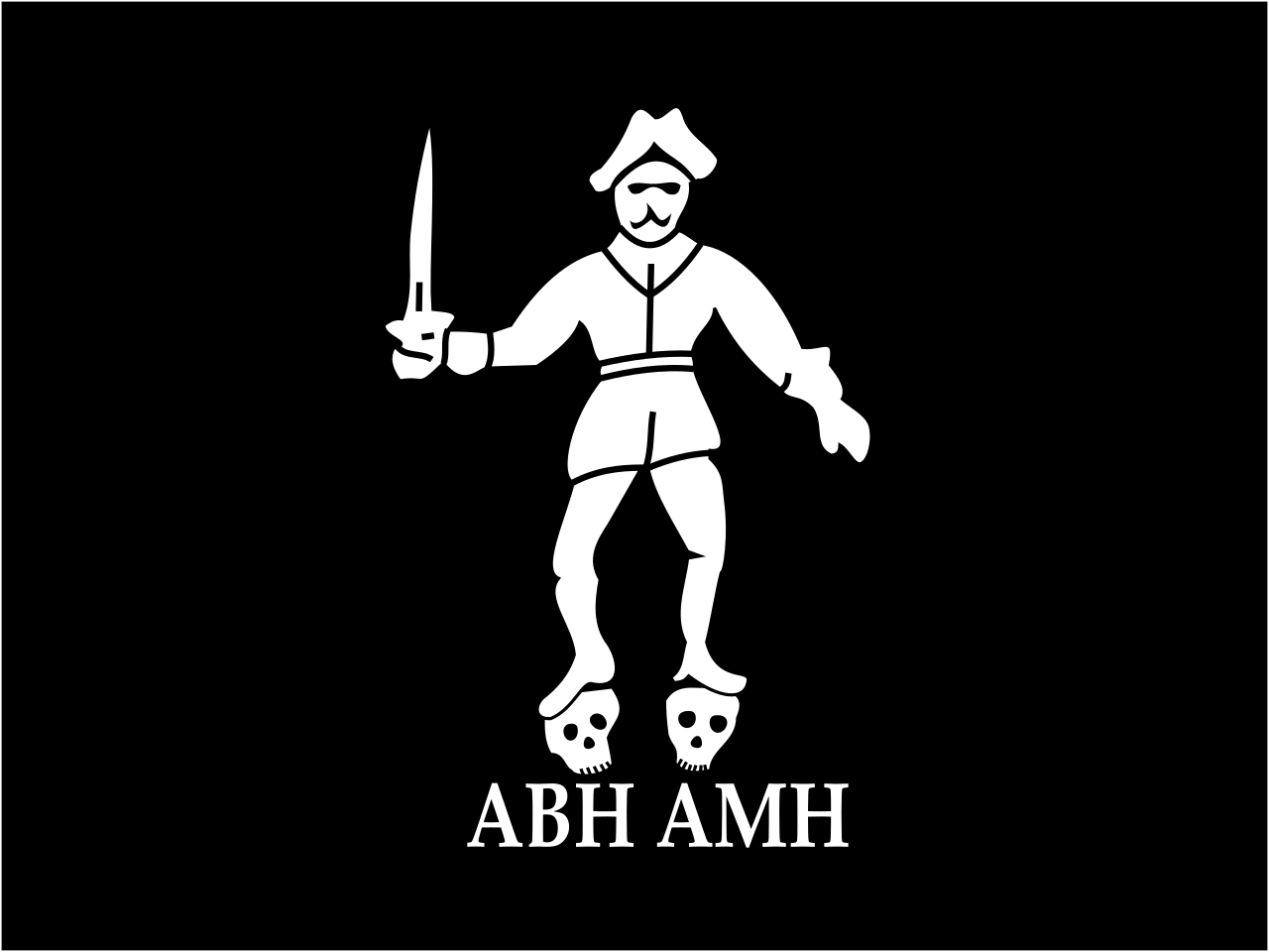 Bartholomew Roberts ABH AMH pirate flag, black field with Roberts standing over two skulls