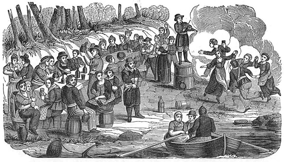 Woodcut-The crews of Blackbeard's and Vane's vessels carousing on the coast of Carolina 1718