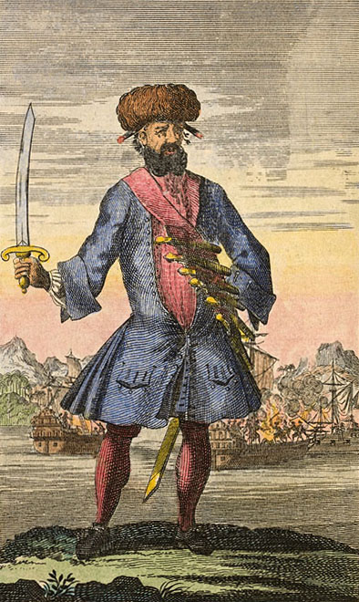 Blackbeard the pirate, engraving by Benjamin Cole
