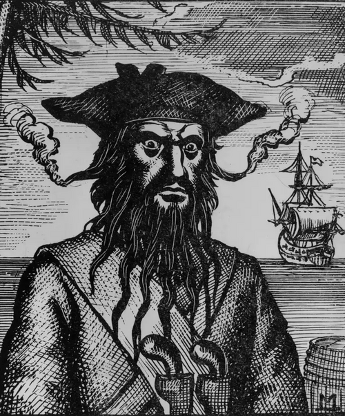 Blackbeard with lit fuses in his beard. Original image titled Barbe Noire