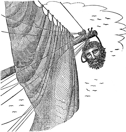 Blackbeard's head hangs from the bowsprit