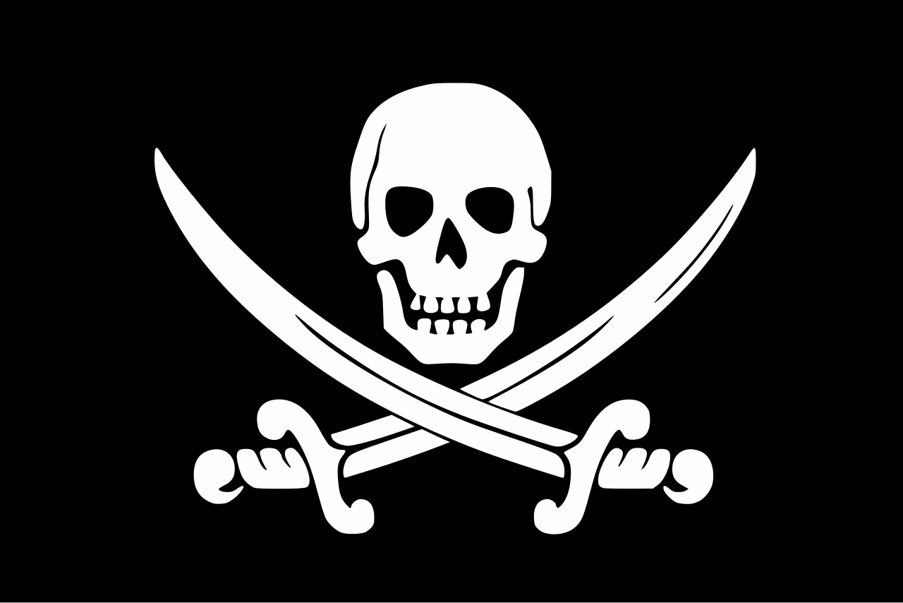 Calico Jack Rackham pirate flag, skull above crossed swords on black field