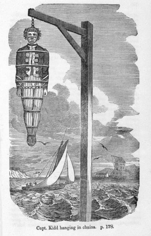 The gibbeted remains of Captain Kidd displayed on the Thames as a warning to sailors — period engraving