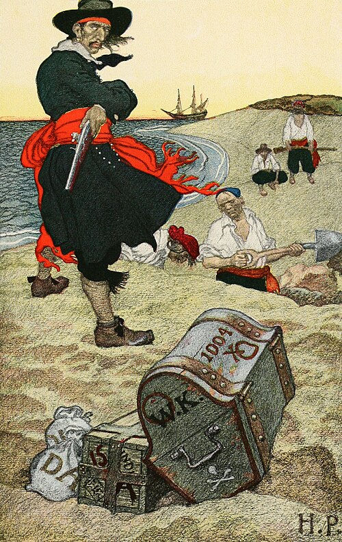 Buried Treasure: illustration of William Captain Kidd overseeing a treasure burial-Howard Pyle