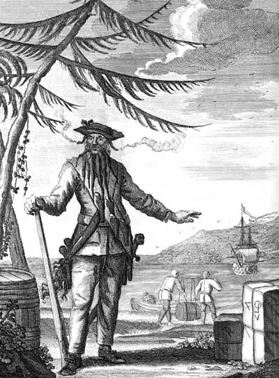 Captain Teach commonly called Black Beard — 1736 copper engraving from A General History of the Pyrates