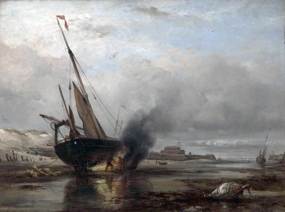 Breaming a Calais Lugger at Low Water — 1848 painting by Edward William Cooke