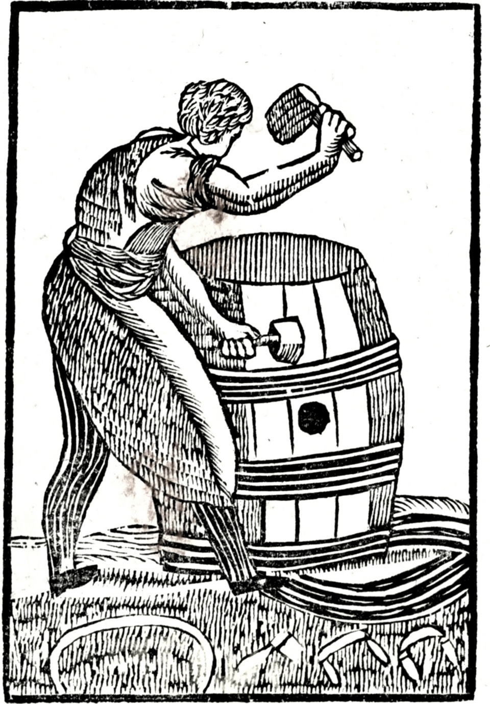A cooper at work making barrels — Dutch woodcut illustration, 1827-1860, Rijksmuseum