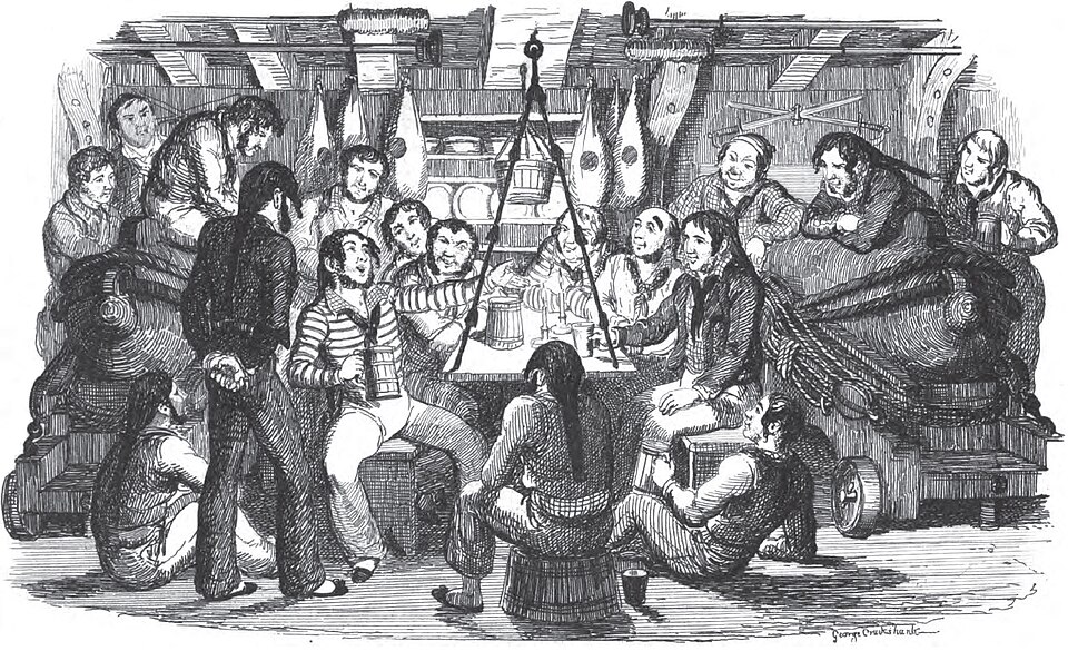 Saturday Night at Sea — sailors singing and carousing below deck, engraving by George Cruikshank