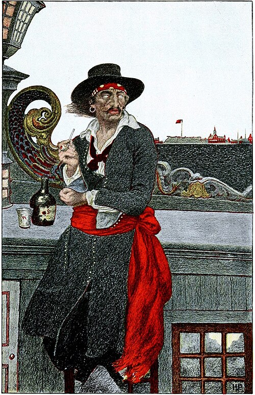 A Golden Age pirate with rum bottle aboard ship — Howard Pyle, Book of Pirates, 1921