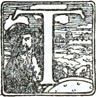 Decorative illustrated capital T with pirate figure — Howard Pyle, Book of Pirates, 1921