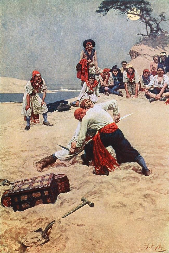 Which Shall Be Captain — two pirates in a standoff over treasure, illustration by Howard Pyle, 1908