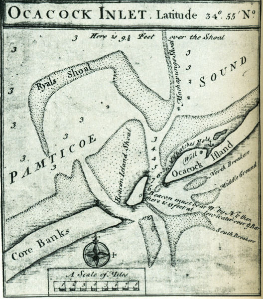 1733 Map of Ocracoke / Ococock Inlet
