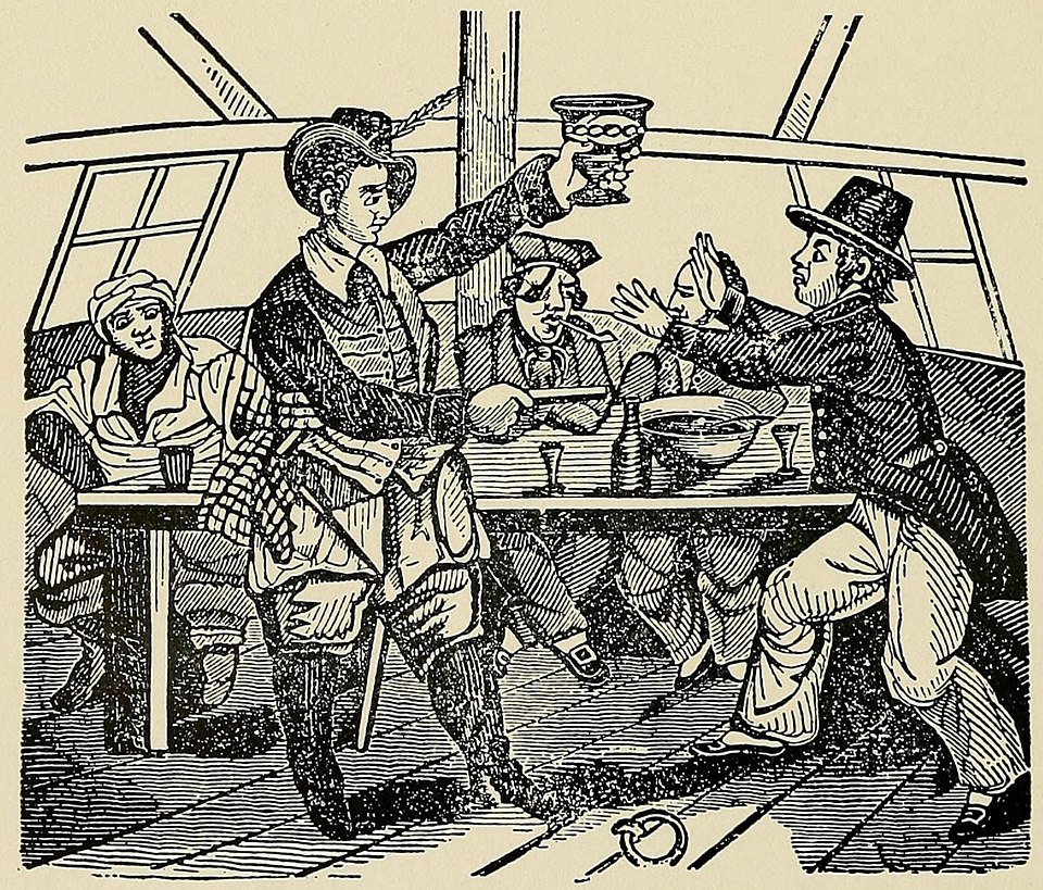 Pirate Captain Edward Low presenting a pistol and bowl of punch — period engraving, public domain