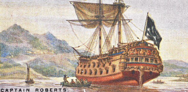 Captain Bartholomew Roberts' ship at Sierra Leone — period illustration, Golden Age of Piracy