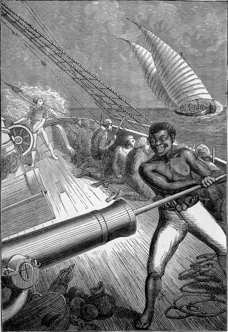 Loading the Big Gun — 1874 illustration of a pirate gunner at his cannon, from The Pirate City by R.M. Ballantyne