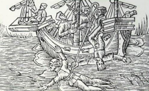 Keelhauling — a Tudor woodcut print depicting the pirate punishment of dragging a man under the ship's keel
