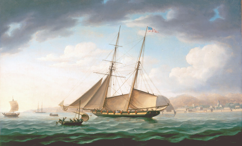 The schooner Topaz, an American privateer under attack by British gunboats off Macao, 1807
