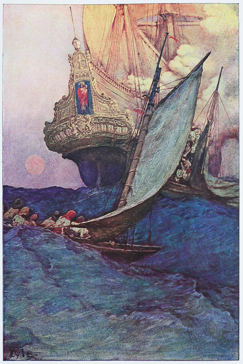 An Attack on a Galleon — 1905 oil painting by Howard Pyle, pirates approaching a Spanish galleon