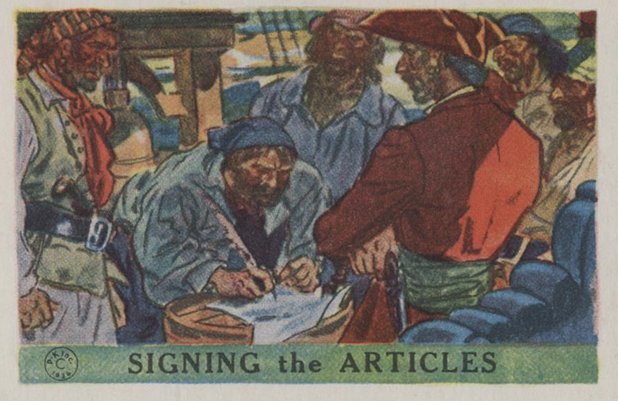 Signing the Articles — pirates signing their code of conduct, from the 1936 Pac-Kups Jolly Roger Pirates trading card set