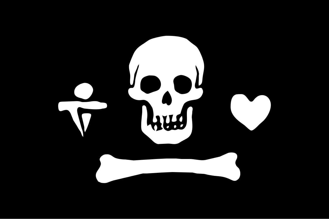 Stede Bonnet pirate flag, skull above a heart, dagger and horizontal bone on black field